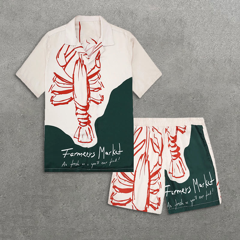 Forest Green Colorblock Lobsters Pattern Short Sleeve Camp Collar Shirt Set - Green - 5XL - image 1