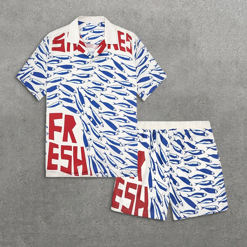 Sardine Fresh Pattern Short Sleeve Camp Collar Shirt Set - Beige - 5XL - image 1