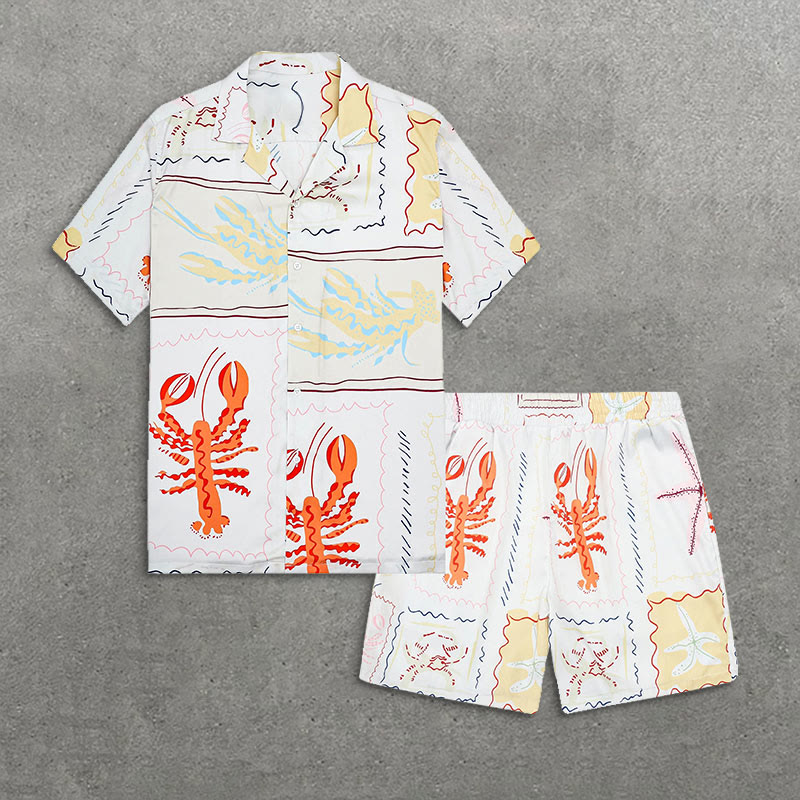 Lobster Pattern Short Sleeve Camp Collar Shirt Set - Beige - 5XL - image 1