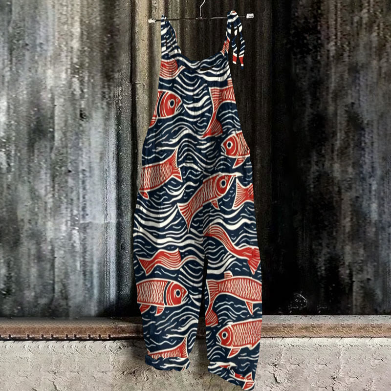 Funny Wavy Abstract Fish Art Print Casual Jumpsuit  - Black - 5XL - image 1