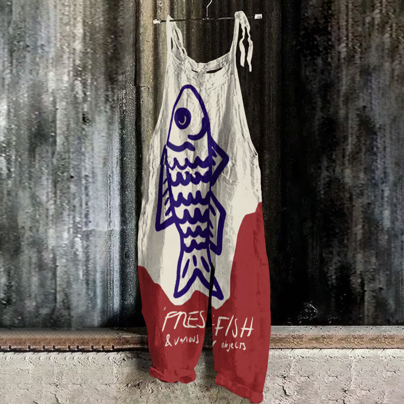 Women's Casual Silme Drawing Pnesh Fish Art Print Casual Jumpsuit  - Apricot - 5XL - image 1