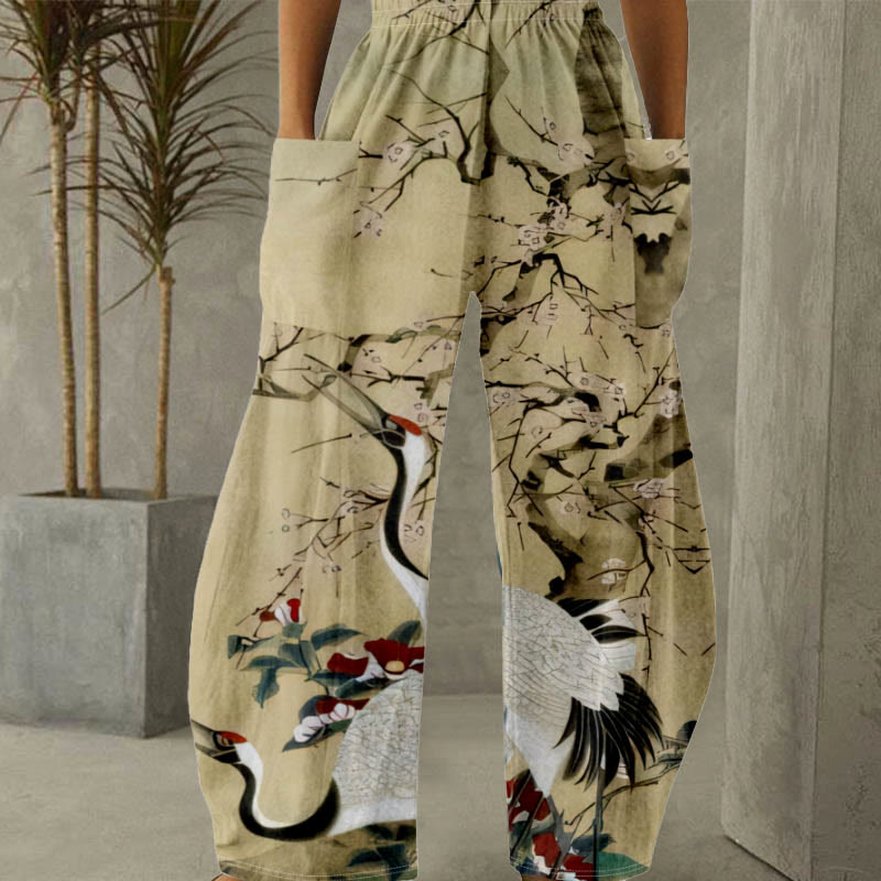 Women's Oil Painting Chirping Crane Floral Print Casual Pants - image 2