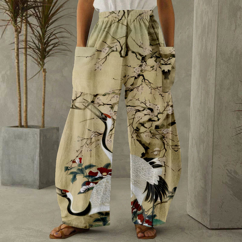 Women's Oil Painting Chirping Crane Floral Print Casual Pants - Apricot - 6XL - image 1