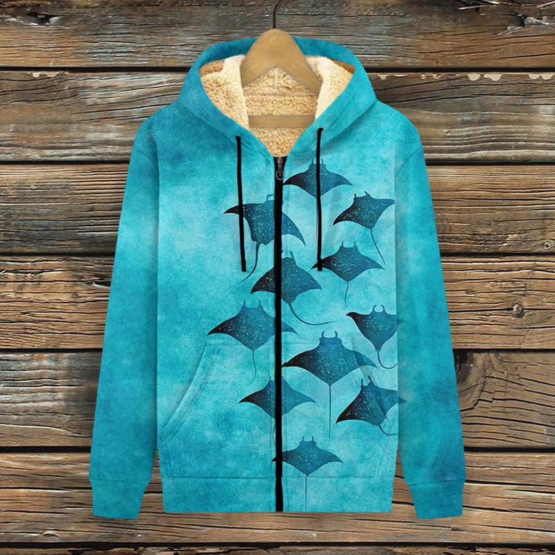 Vintage Manta Ray Art Print Fleece Jacket - Blue - 4XL - image 1