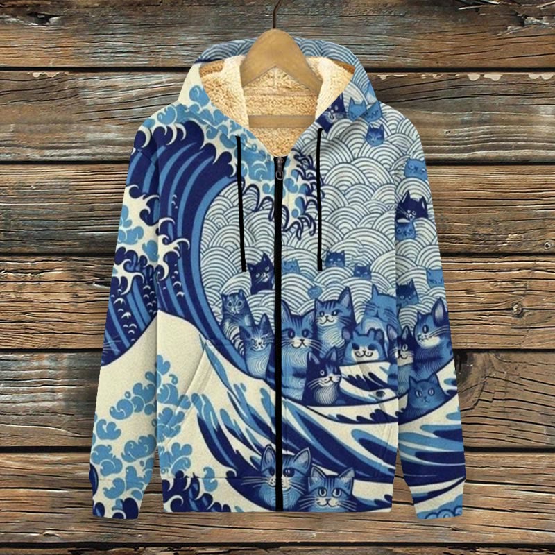 Blue Waves And Cats Print Fleece Jacket - Blue - 4XL - image 1