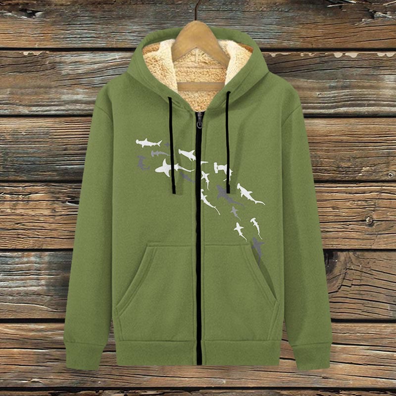 Shark Print Fleece Jacket - Green - 4XL - image 5