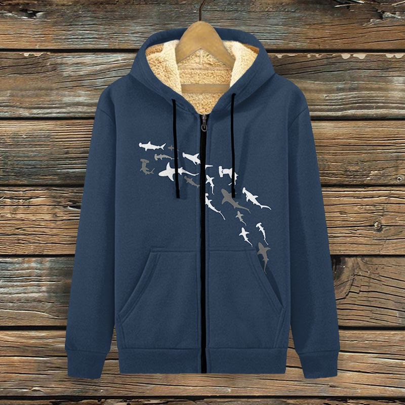 Shark Print Fleece Jacket - Dark Blue - 4XL - image 1