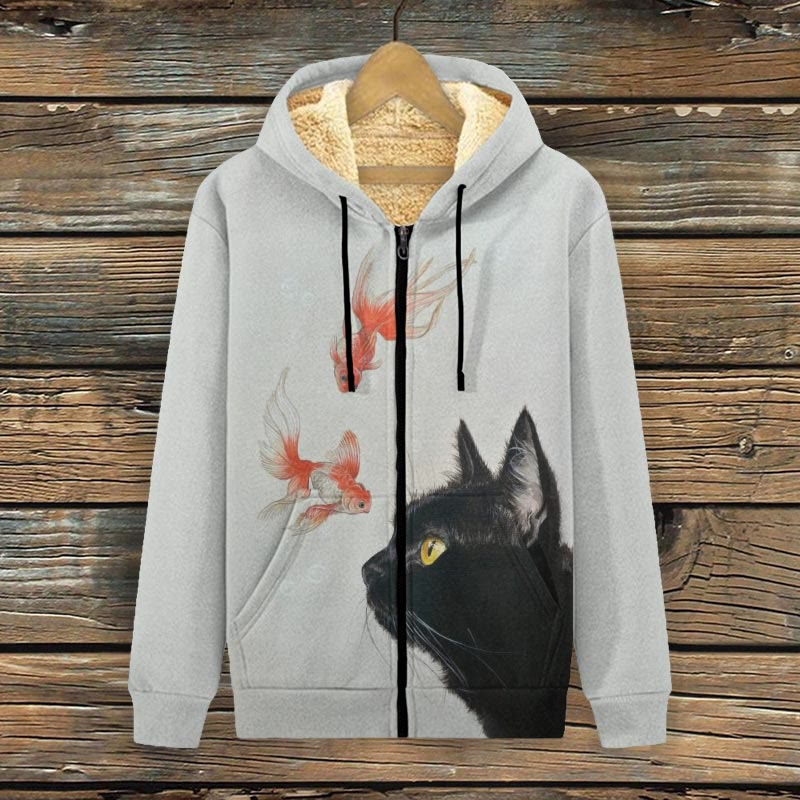Cute Black Cat And Goldfish Print Fleece Jacket - Grey - 4XL - image 1