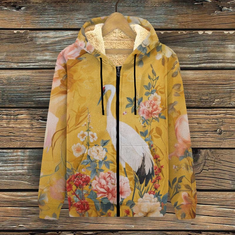 Elegant Crane Yellow Flowers Art Print Fleece Jacket - Yellow - 4XL - image 1