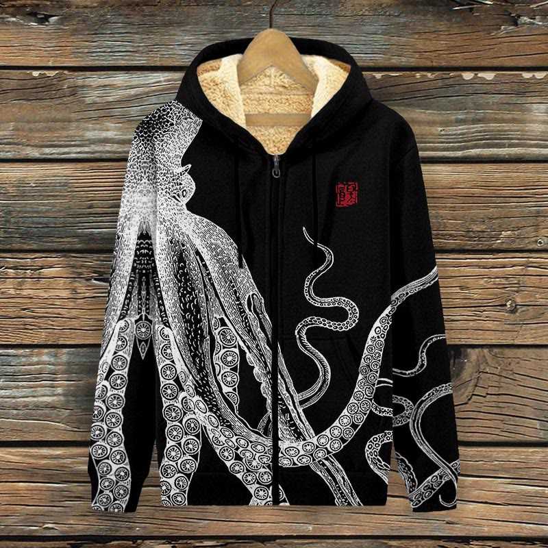 Japanese Art Octopus And Crab Print Fleece Jacket - Black - 4XL - image 2