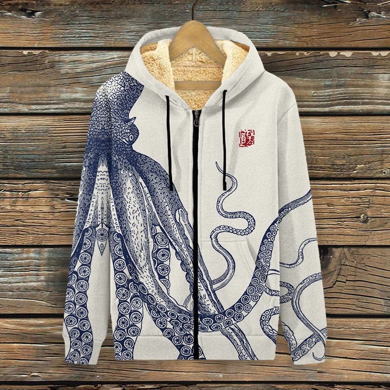 Japanese Art Octopus And Crab Print Fleece Jacket - Beige - 4XL - image 1