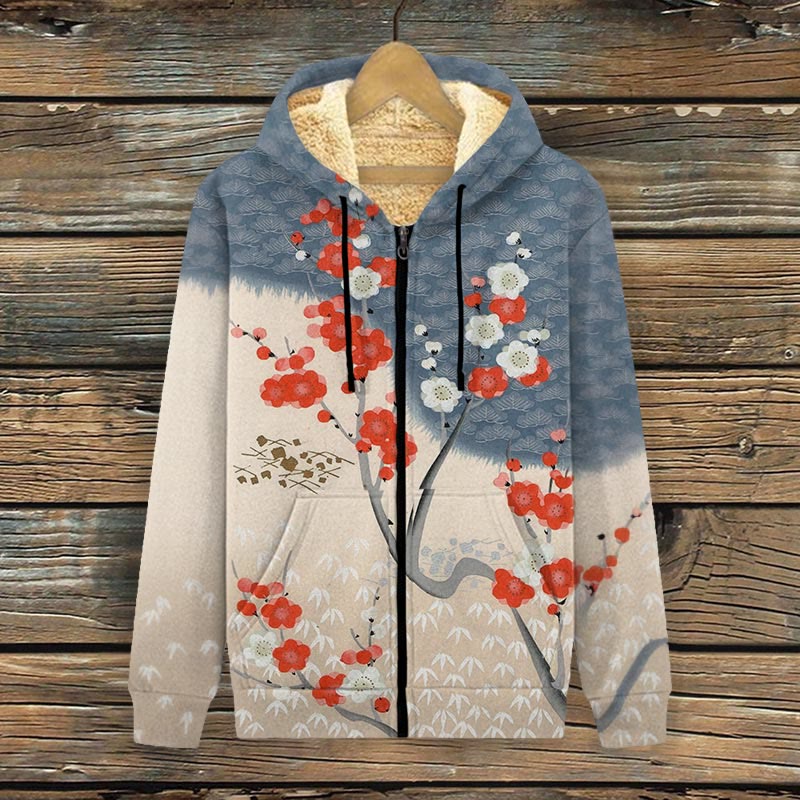Japanese Art Cherry Blossom Print Fleece Jacket - Blue - 4XL - image 1