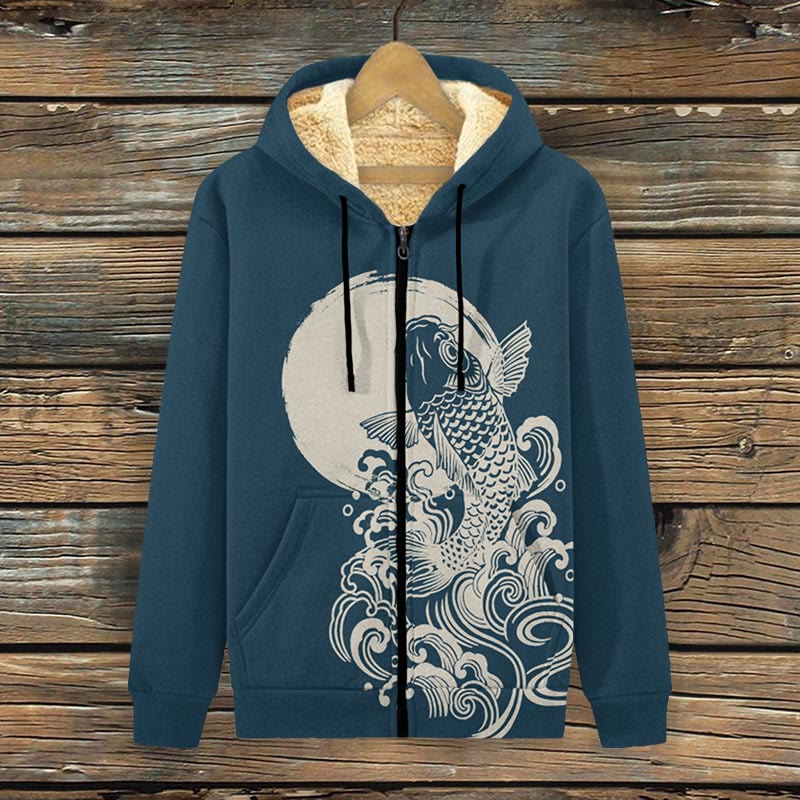 Carp Jump Sunrise Japanese Art Print Fleece Jacket - Navy Blue - 4XL - image 2