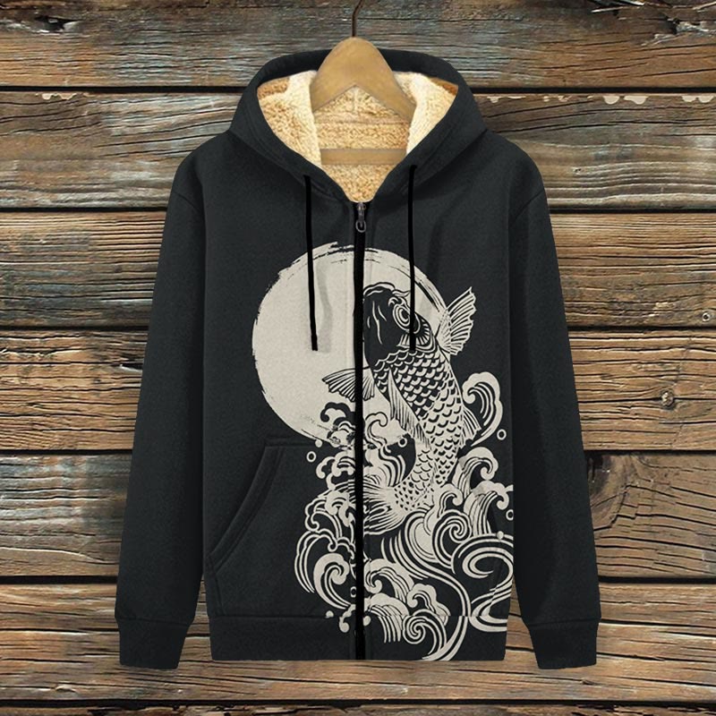Carp Jump Sunrise Japanese Art Print Fleece Jacket - Black - 4XL - image 1