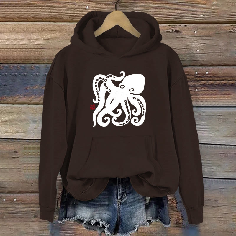 Dashingsoul 100% Cotton Retro Japanese Octopus Print Women's Hoodie