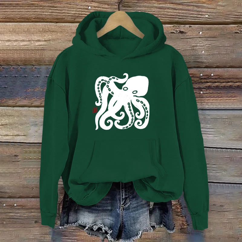 Dashingsoul 100% Cotton Retro Japanese Octopus Print Women's Hoodie