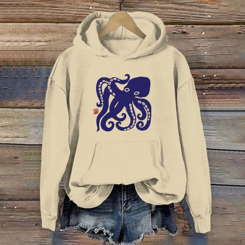 Dashingsoul 100% Cotton Retro Japanese Octopus Print Women's Hoodie