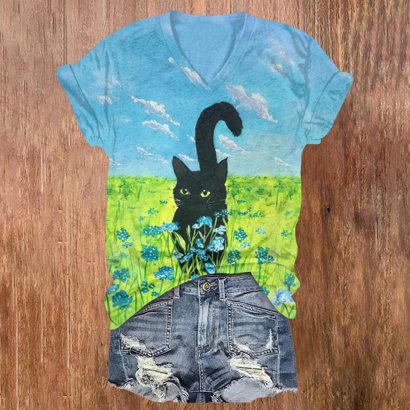 Women's Cute Black Cat With Blue Flowers Print V-neck T-shirt - Green - 5XL - image 1