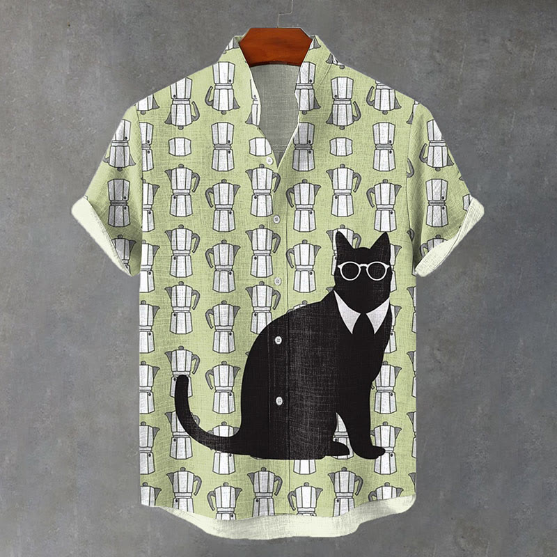 Dashingsoul Cute Coffee Cat Print Casual Shirt