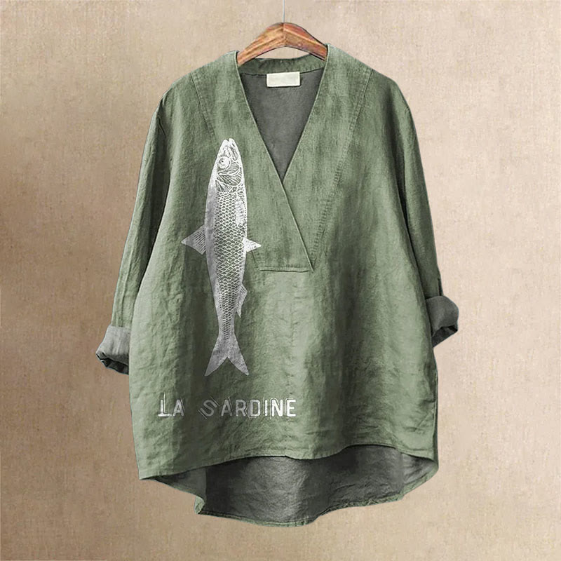 Dashingsoul Sardine Fish Graphic Printed Casual V-neck Shirt