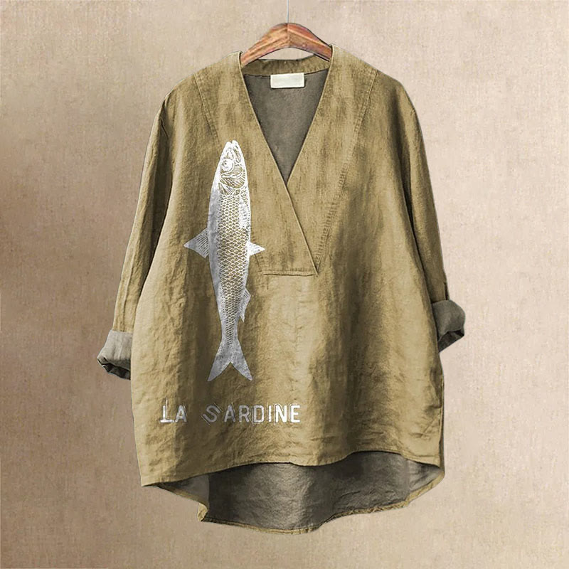 Dashingsoul Sardine Fish Graphic Printed Casual V-neck Shirt