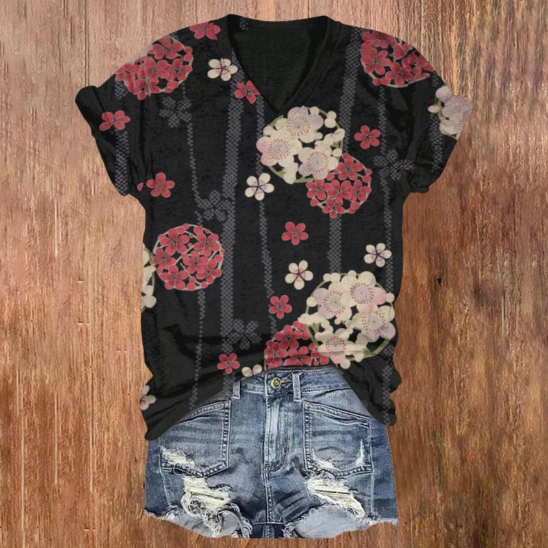 Retro Japanese Cherry Blossom Print V-neck T-shirt - Black - 5XL - image 1