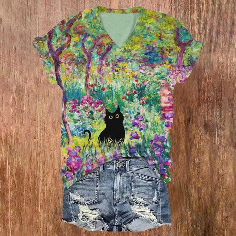 Women's Oil Painting Black Cat In Flowers Print V-neck T-shirt - Green - 5XL - image 1