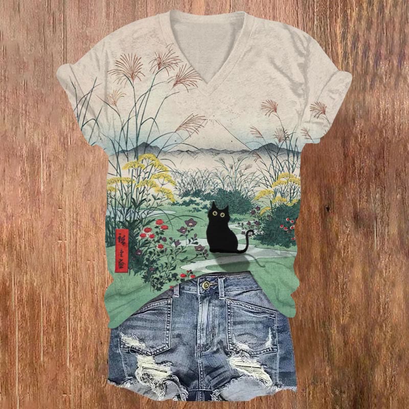 Women's Japanese Garden Black Cat Print V-neck T-shirt - Apricot - 5XL - image 1