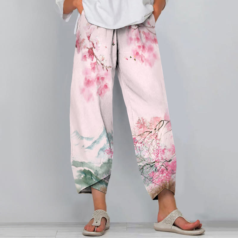 Women's Cherry Blossom Tree Japanese Art Print Pocket Pants - Pink - 8XL - image 1