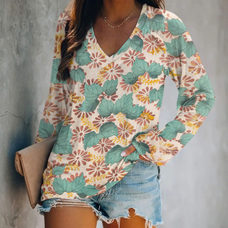 Vintage Japanese Floral Leaf Art Print Long Sleeve T-shirt - Apricot - 5XL - image 1