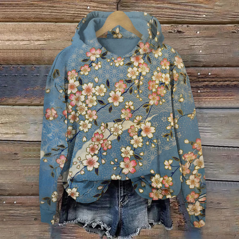 Japanese Plum Blossom Patchwork Art Print Casual Long Sleeve Hoodie - Blue - 8XL - image 1