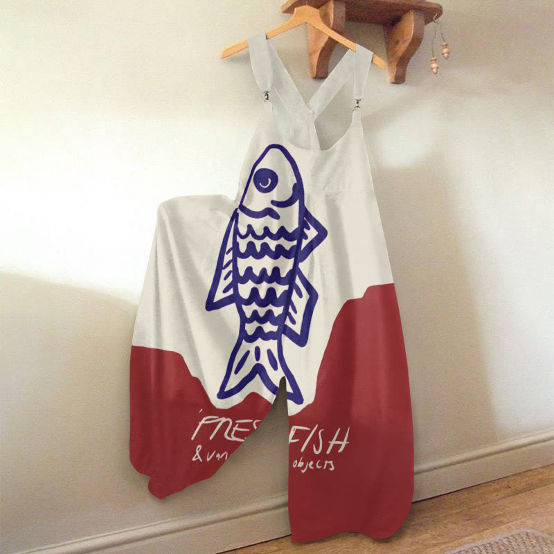 Women's Silme Drawing Pnesh Fish Art Print Jumpsuit  - White - 5XL - image 1