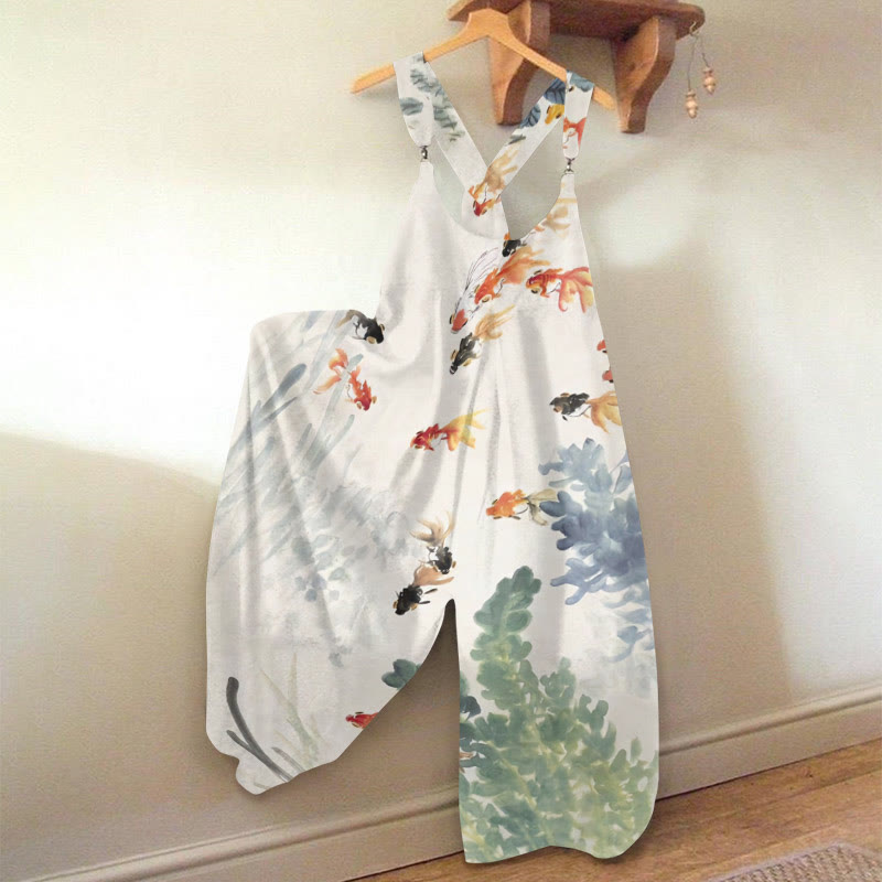 Women's Watercolor Goldfish Art Print Jumpsuit  - Apricot - 5XL - image 1