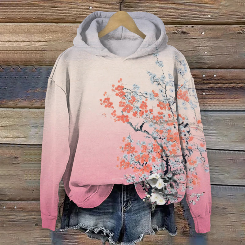 Ombre Japanese Plum Blossom Art Print Casual Long Sleeve Hoodie - Pink - 8XL - image 1