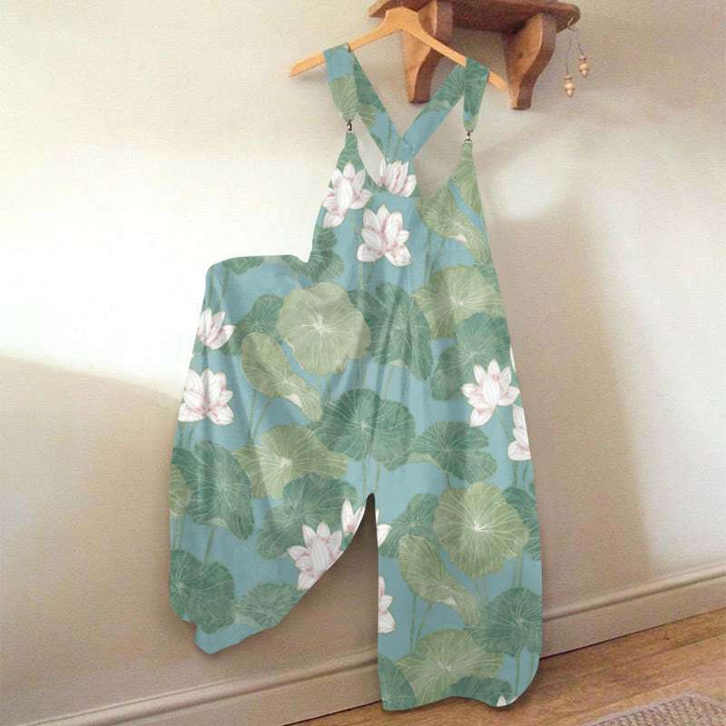 Women's Vintage Lovely Lily Art Print Jumpsuit  - Green - 5XL - image 1