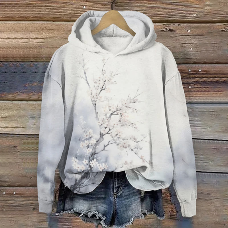 Watercolor Plum Blossom Print Casual Long Sleeve Hoodie - Light Blue - 8XL - image 1