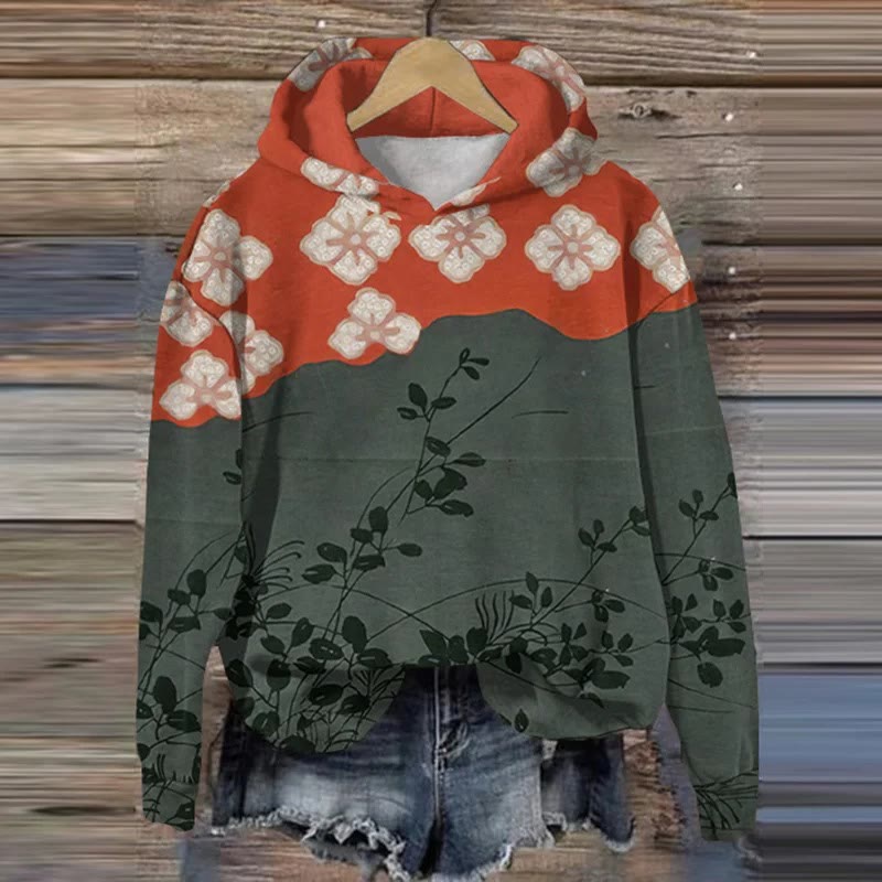 Japanese Art Flower Print Casual Long Sleeve Hoodie - Red - 8XL - image 1
