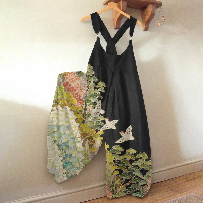 Women's Birds Singing And Flowers Blooming View Art Print Jumpsuit  - Black - 5XL - image 1