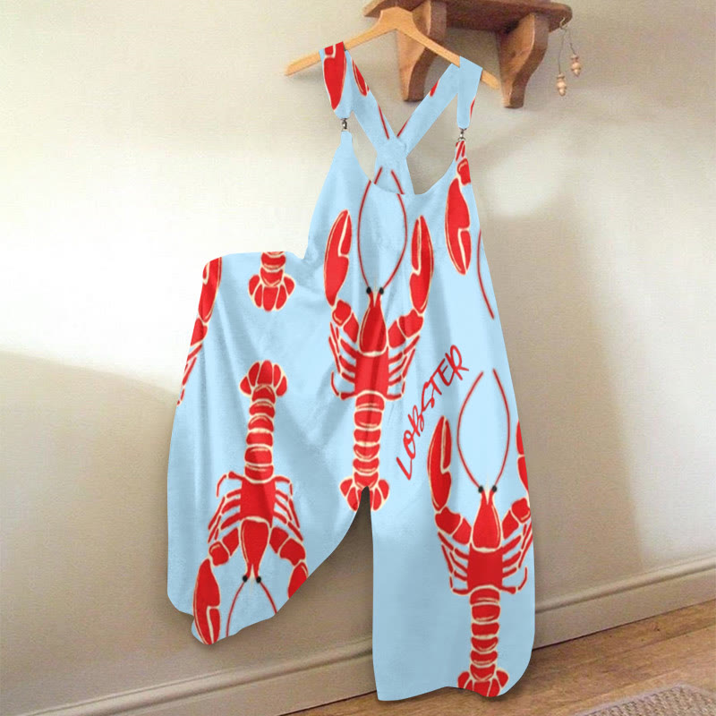 Women's Creative Big Red Lobster Art Print Jumpsuit  - Light Blue - 5XL - image 1