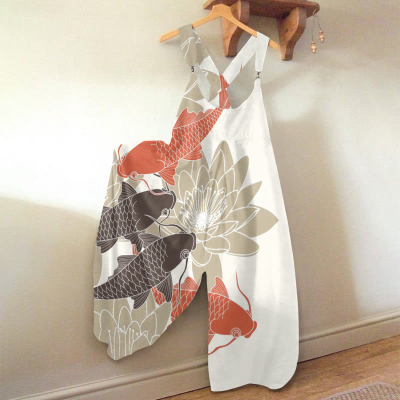 Women's Good Luck Koi Fish Lotus Art Print Jumpsuit  - Apricot - 5XL - image 1