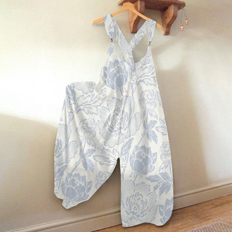 Women's Japanese Vintage Floral Art Print Jumpsuit  - Blue - 5XL - image 2