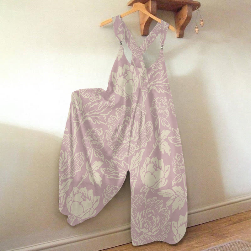 Women's Japanese Vintage Floral Art Print Jumpsuit  - Pink - 5XL - image 1