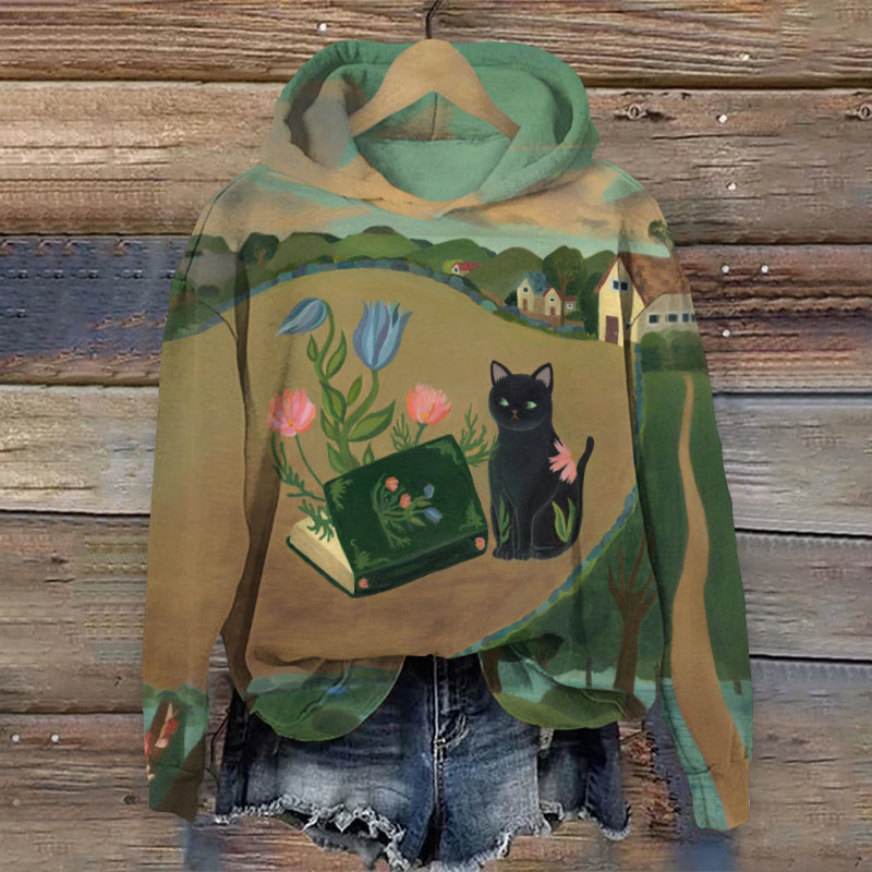 Black Cat With Book Of Flowers Painting Art Print Hoodie - Brown - 8XL - image 1