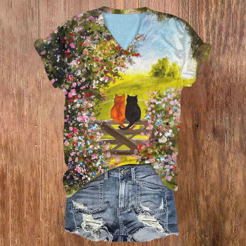 Cat Lover Flower Oil Painting Art Print V-neck T-shirt - Green - 5XL - image 1