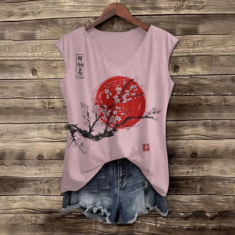 Women's Sunrise Japanese Art Print V-neck Tank Top - Pink - 5XL - image 2