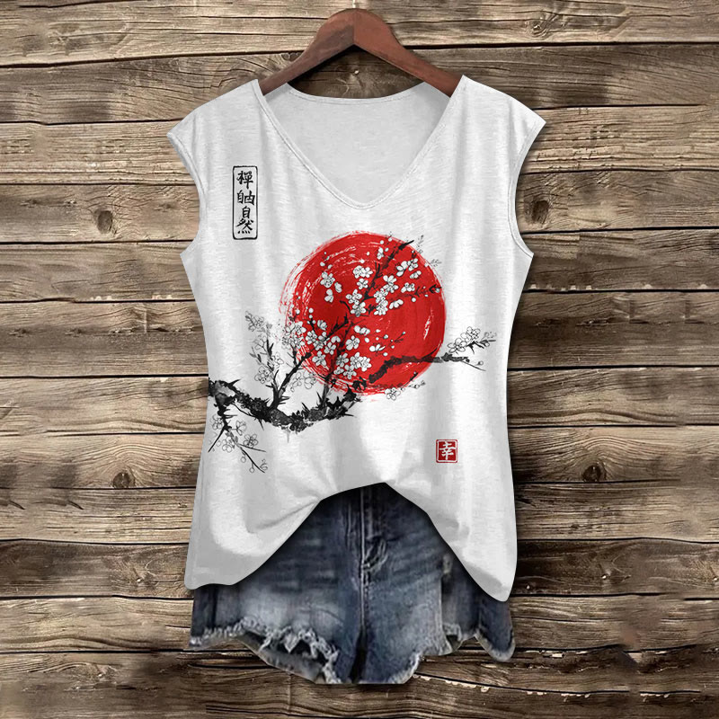 Women's Sunrise Japanese Art Print V-neck Tank Top - White - 5XL - image 1