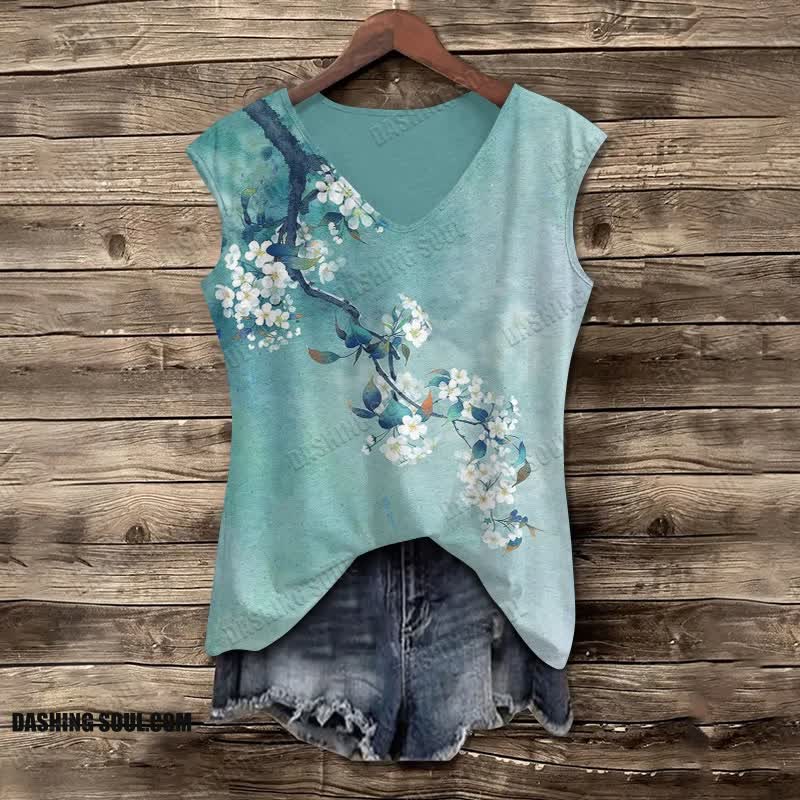 Japanese Antique Pear Blossom Ink Painting V Neck Casual Tank Top