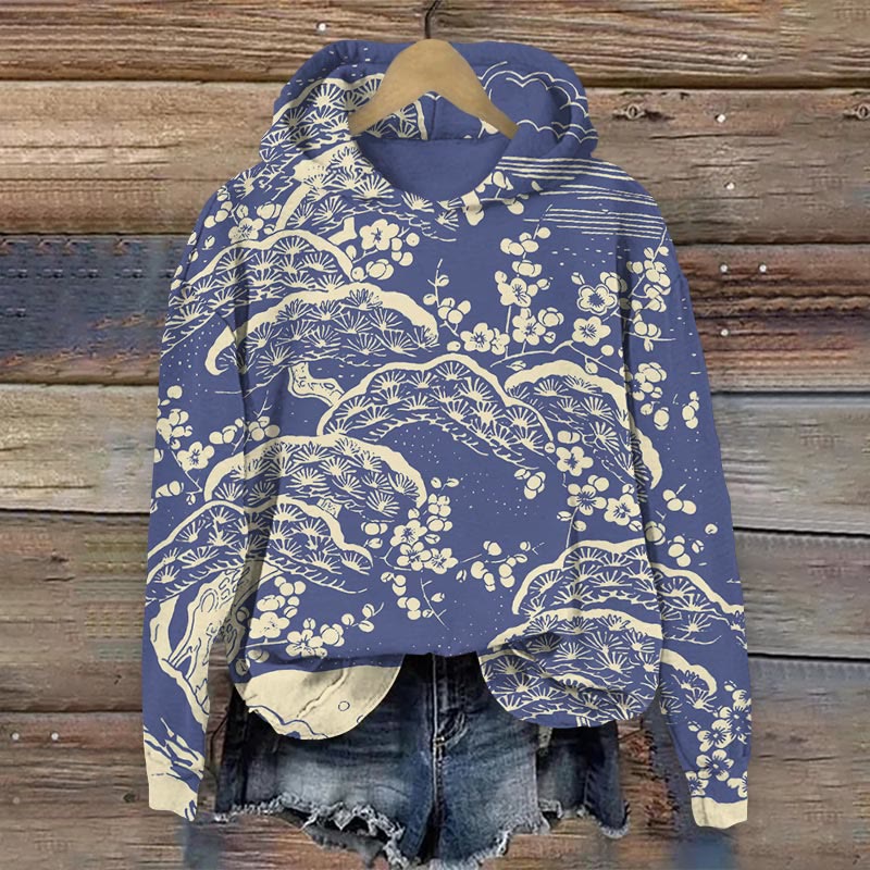 Women's Japanese Art Plum Blossom Art Print Hoodie - Blue - 8XL - image 2
