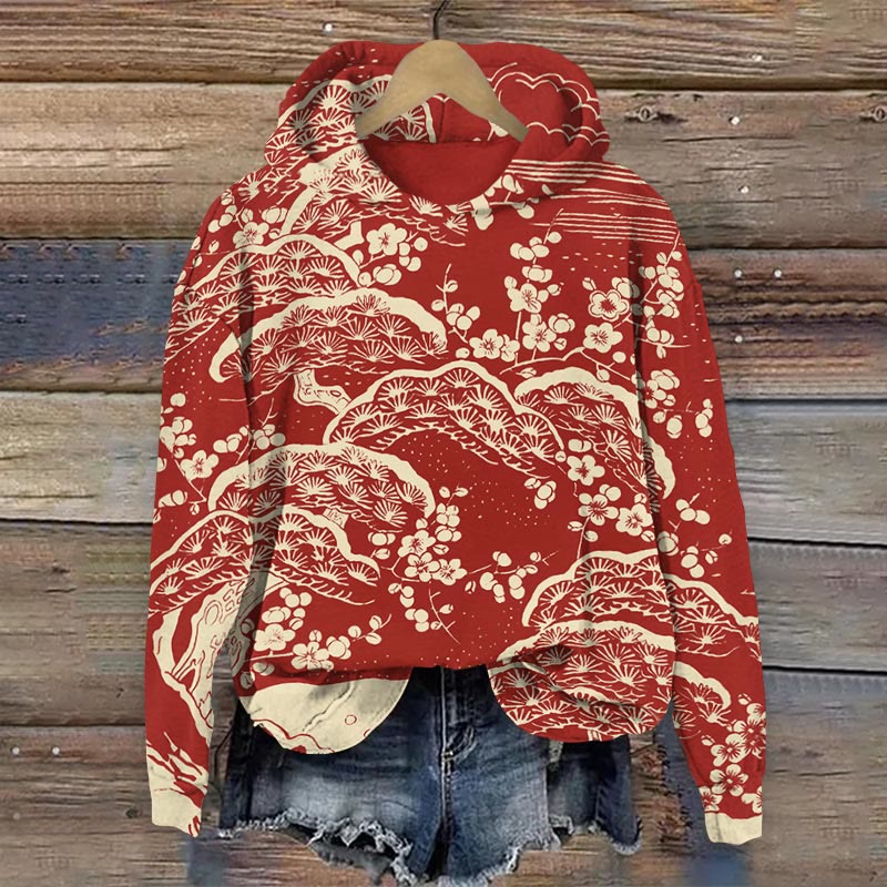 Women's Japanese Art Plum Blossom Art Print Hoodie - Red - 8XL - image 1