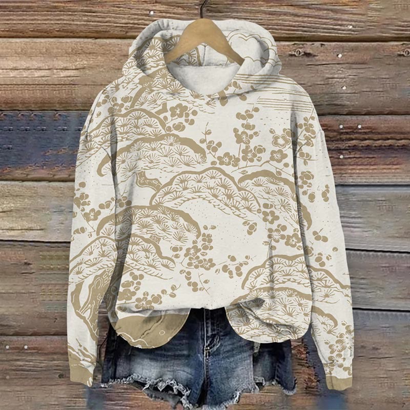 Women's Japanese Art Plum Blossom Art Print Hoodie - Apricot - 8XL - image 5